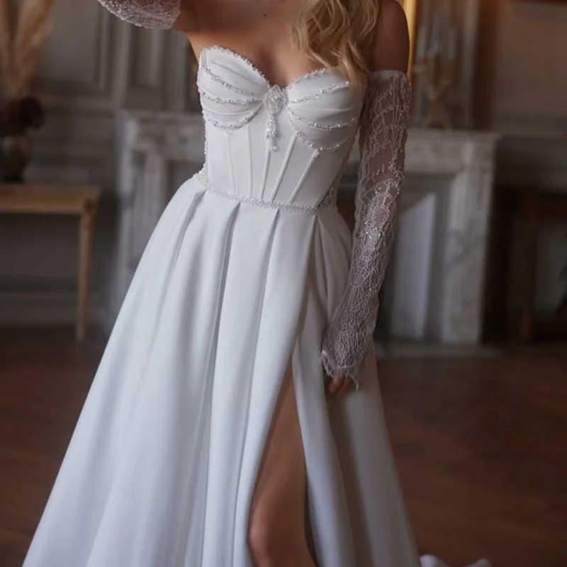 

satin white Wedding Dresses glitter decal off-shoulder Bridal Gowns multi-layer sleeveless Made Bow Customized