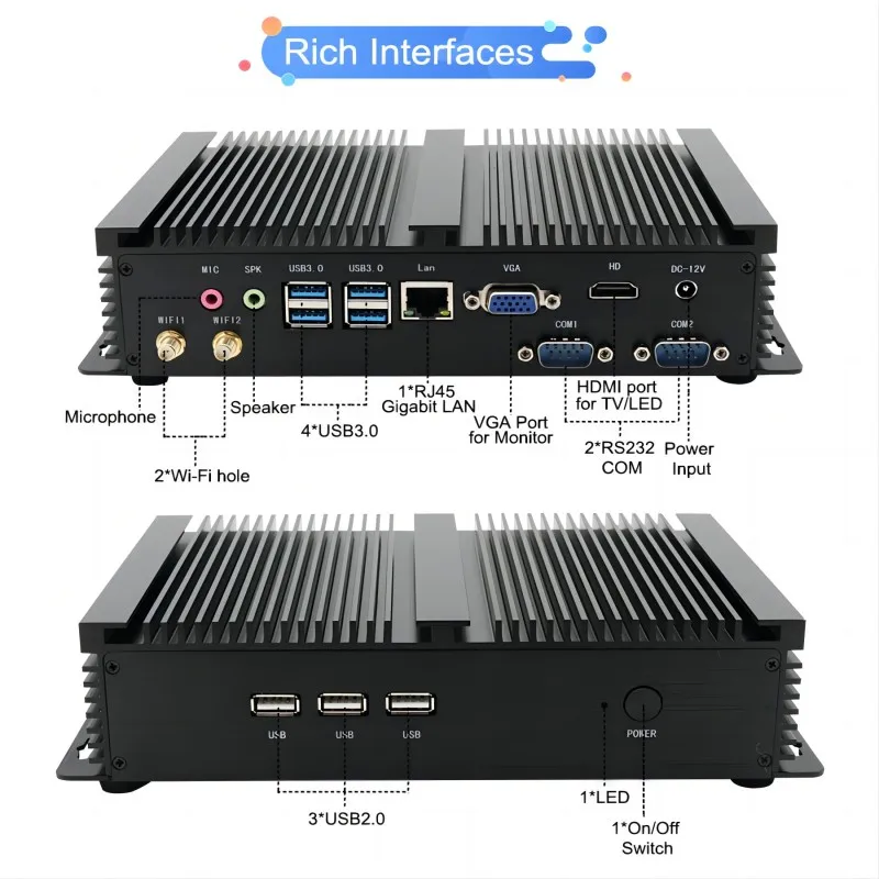 كمبيوتر صناعي بدون مروحة Core i7-8550U 10610U 2x RS232 COM HD VGA شاشة مزدوجة Windows 10 Home Office كمبيوتر صغير سطح المكتب TDP 15W