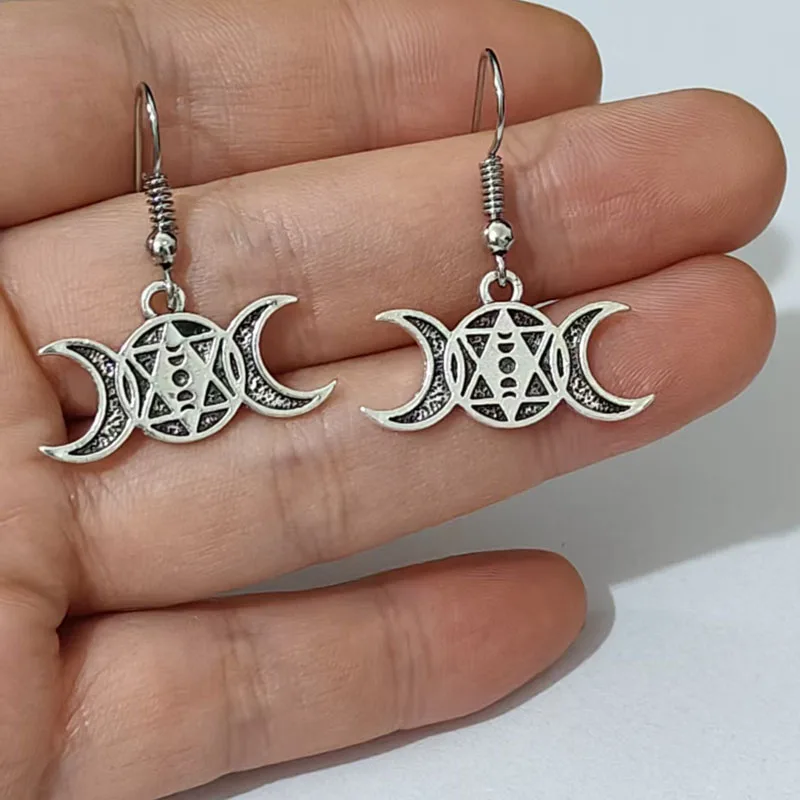1pair Occult Witch Hexagram Triple Moon Goddess Amulet Moonphases Earring