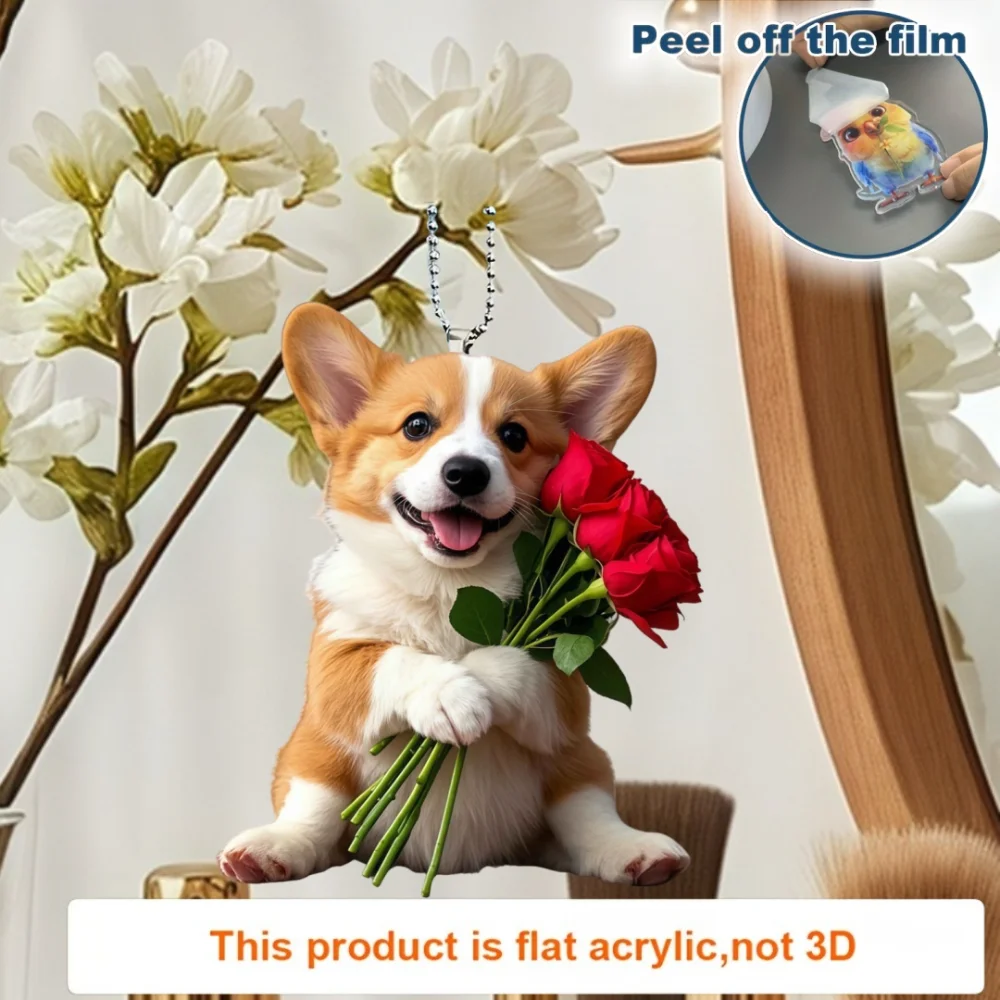 Cute Corgi & Rose Pendant Keychain,Chic Puppy 2D Flat Acrylic Hanging Charm,Decor for Car,Bag,Party,Festive-Valentine\'s Day Gift