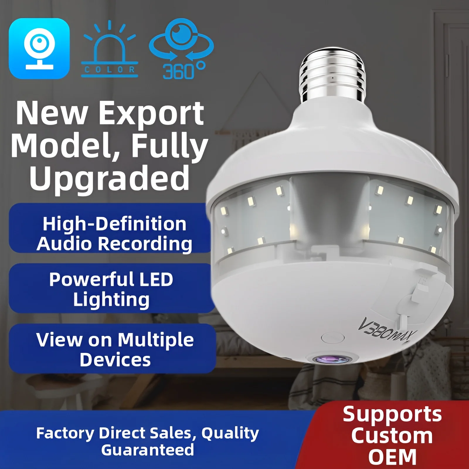 E27 Bulb WiFi Security Camera 1080P HD Wireless IP Color Night Vision Motion Alarm Home Surveillance Monitor with Two-Way Audio