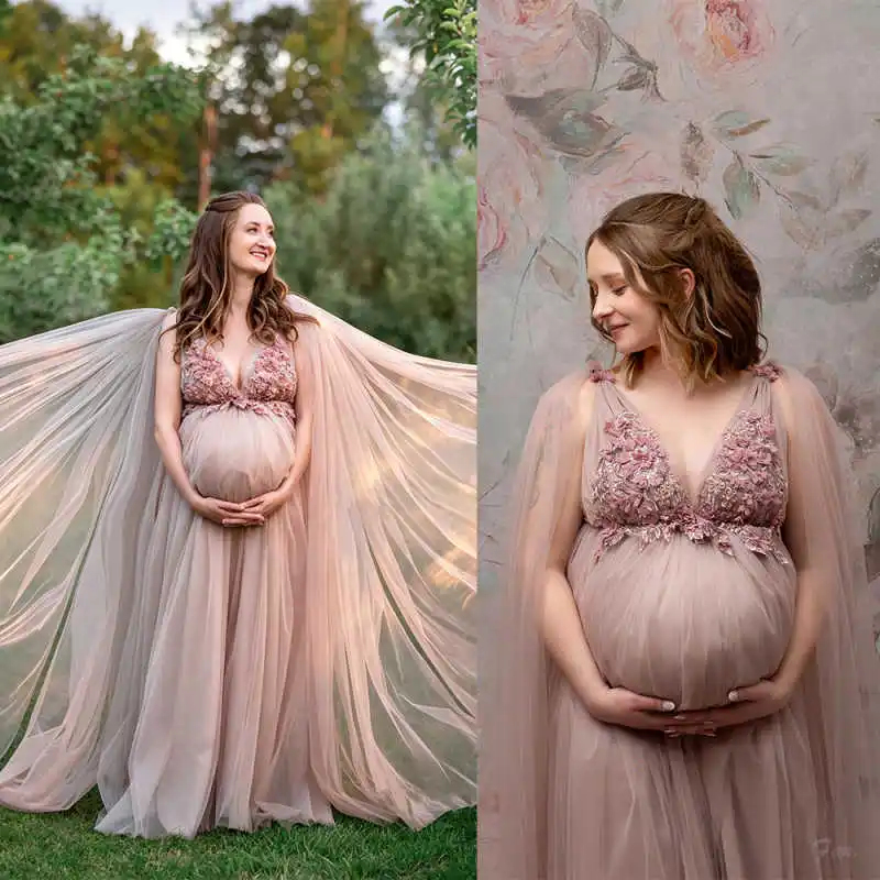 Gorgeous Floral Tulle Maternity Robe for Photoshoot Bridal Robe Pregnancy Baby Shower Gowns Túnica Materna Custom Made