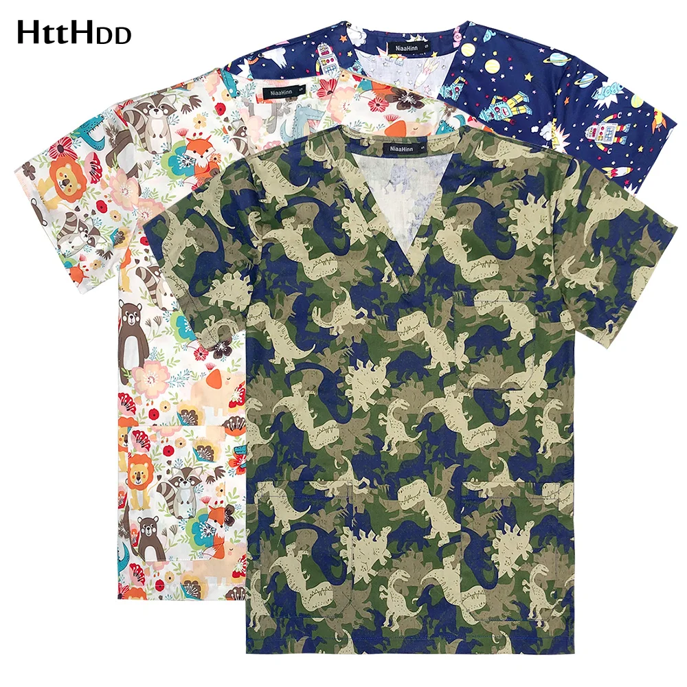 

Veterinary Uniform Cotton Printed Animal Top Medical Laboratory Uniform Doctors Hospital Nurse Beauty Salon Scrubs Top Women Men