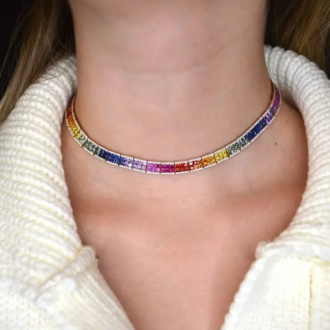 

2025NEW design Iced Out Rainbow Colorful Tennis Necklace Square Cubic Zirconia Paved Tennis Chain Cuban Link Dainty Jewelry Gift