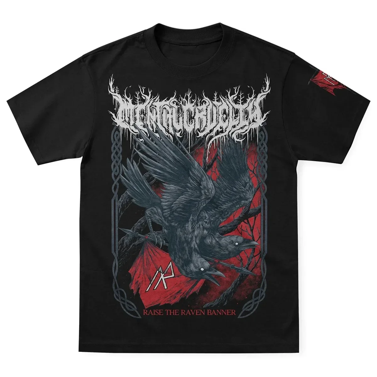 Mental Cruelty Unisex T‑Shirt,double‑headed Raven Red Banner Nordic Knot Full Front Print,striking Deathcore Tee