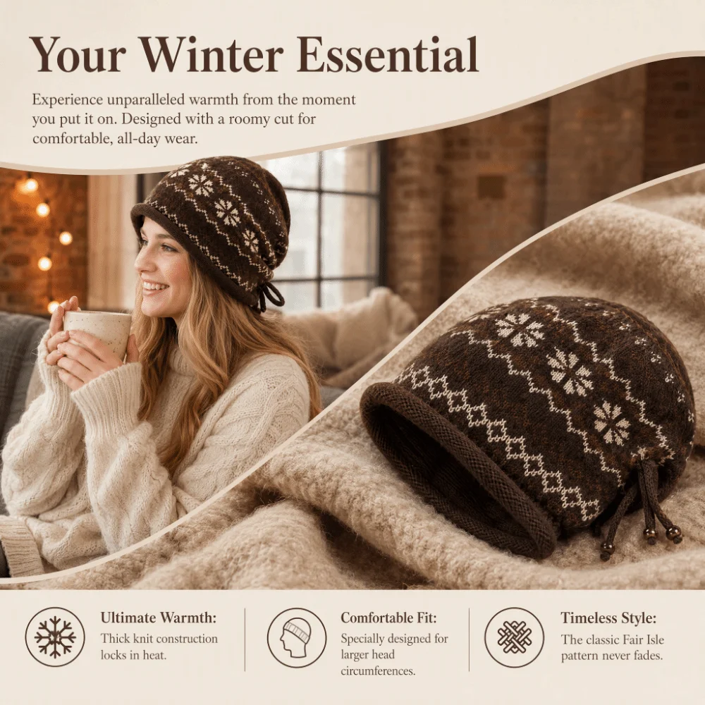 Fair Isle Pattern Knit Beanie Drawstring Roll Brim Thick Knit Beanie Jacquard Knitted Large Head Circumference Slouchy Hat