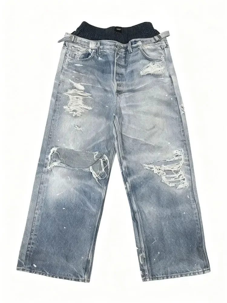 Protocol Index Fake Two-Piece Double Waist 3D Printed Design Loose Jeans