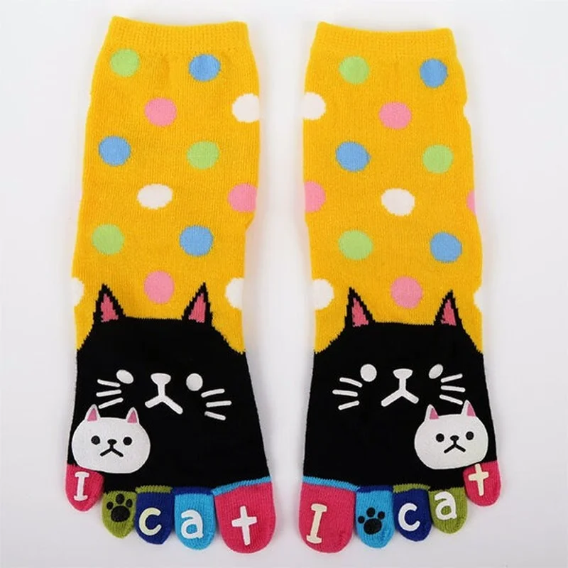 2023 New Cat Pattern Fall/winter Cartoon Five-finger Socks Women Cute Cartoon Cat Five Toes Socks Thick Warm Middle Tube Sock