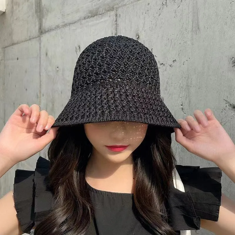 

2021 New Hollow Out Floppy Top Bucket Hat Solid Color Handmade Crochet Summer Women Sun Hats Wide Brim Foldable Dome Beach Cap