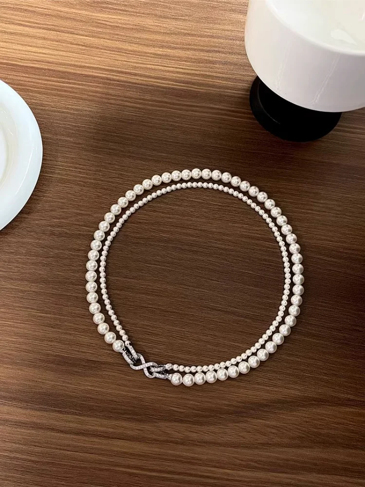 Split classic white pearl 8-button double-layer necklace high-end light luxury sweater chain jewelry collarbone chain women