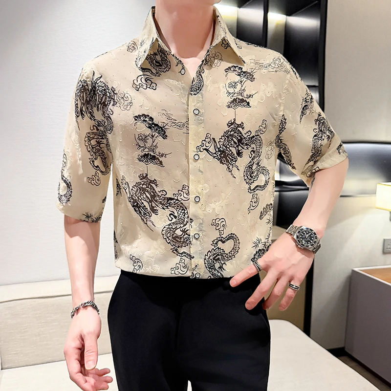 Luxury Bright Pearl Dot Shirts for Man Summer Sexy See Through Short Sleeved Men Shirt Chinese Style Lucky Dragon Mens Clothing