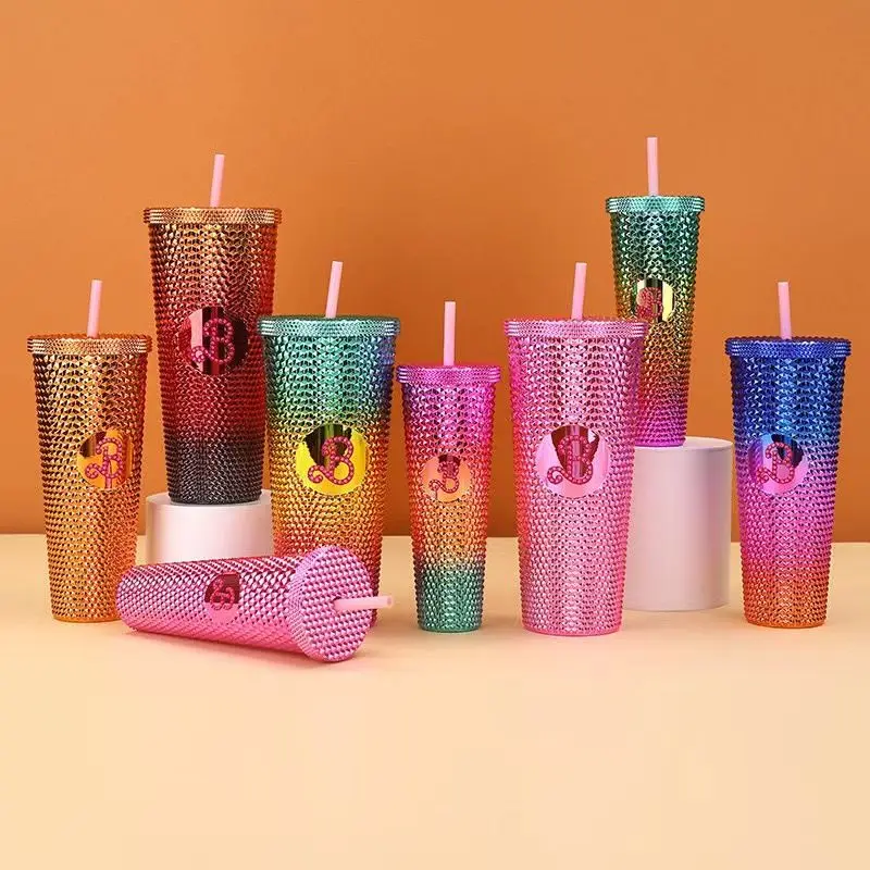 710ml 24oz Barbie Plastic Straw Cup Large Capacity Beverage Juice Cups Diamond Water Cups with Straw Kitchen Barware Drinkware