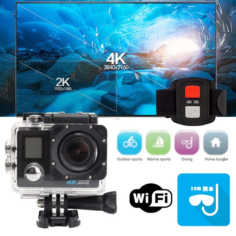 4K HD Camera DV 30M Diving Aerial Dual-Screen Sports Camera with Remote Control Wifi Waterproof Action Camera for Helmet Bike