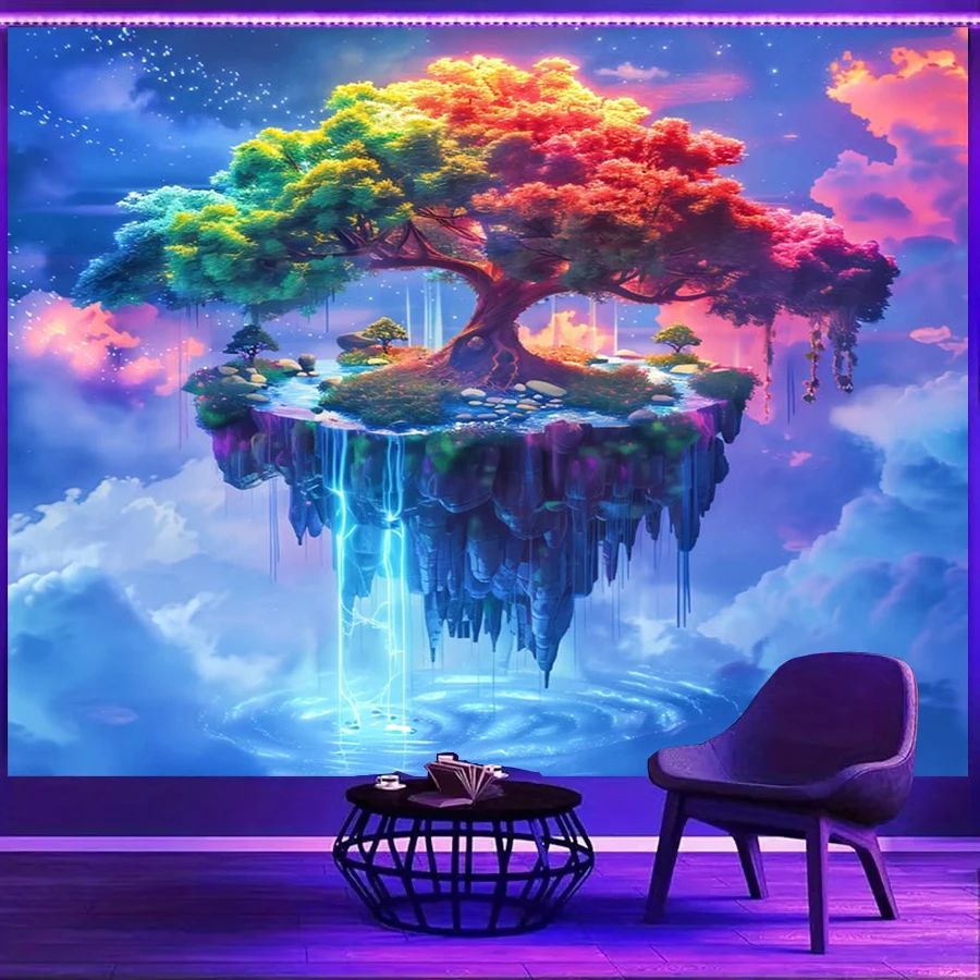 1PC Rainbow Tree Island Art Print Backdrop Banner, Bedroom Living Room Photo Background, Polyester, Home Decor, Wall Art