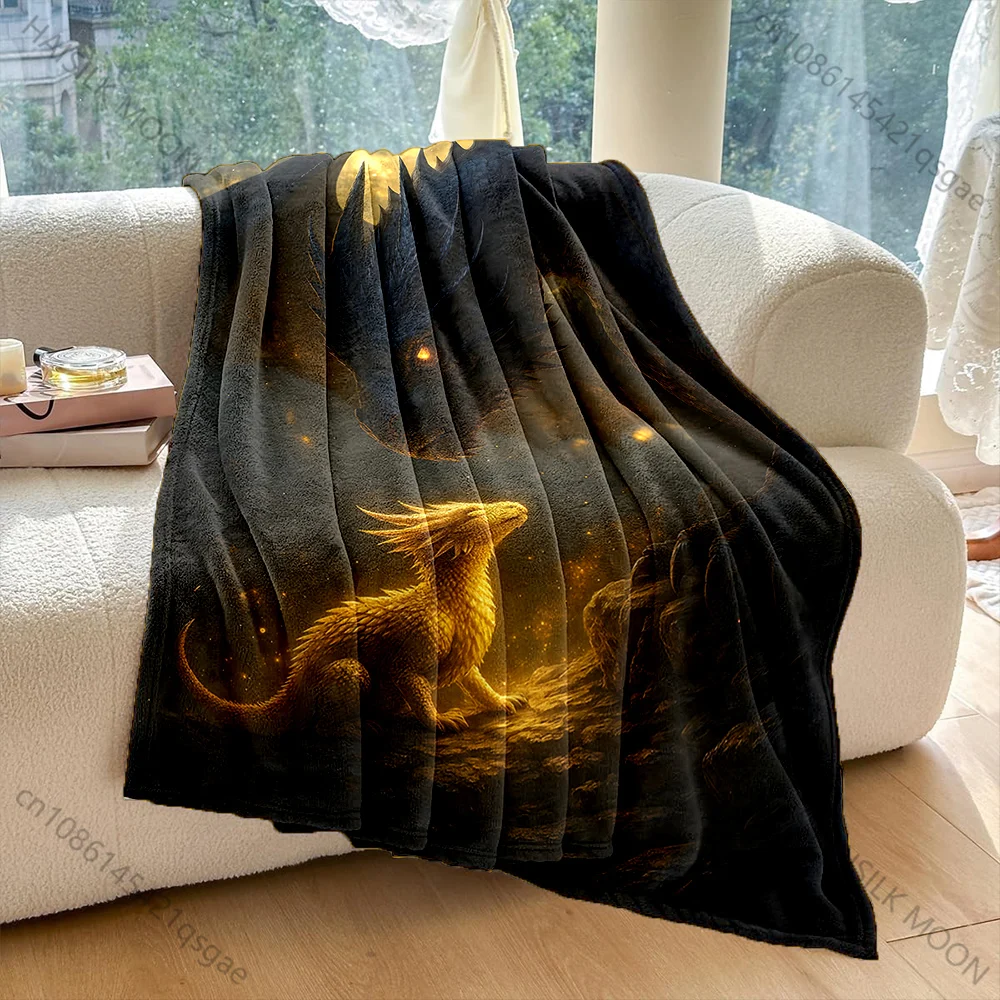 Dark dragon watching golden hatchling Print Blanket Warm Soft Fluffy Kids and Adult Sofa Bed Throw Outdoor Travel Camping RV