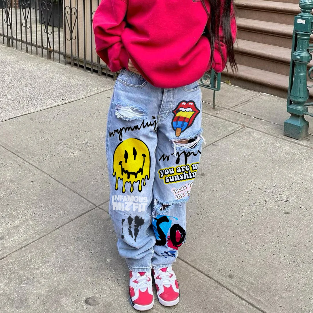 

Women's Jeansamerican Street Personality Pattern Smiley Face Print Graffiti Broken Skateboard Straight Jeans Women