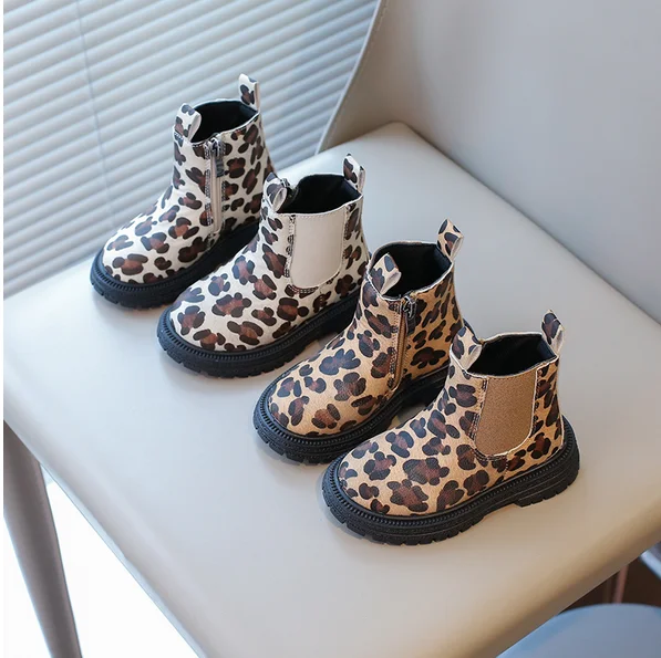 Boys Boots Leopard Prints Classic Little Kids Ankle Boots Side Zipper Fashion Classic Unisex Girls Rubber Boots Breathable Warm