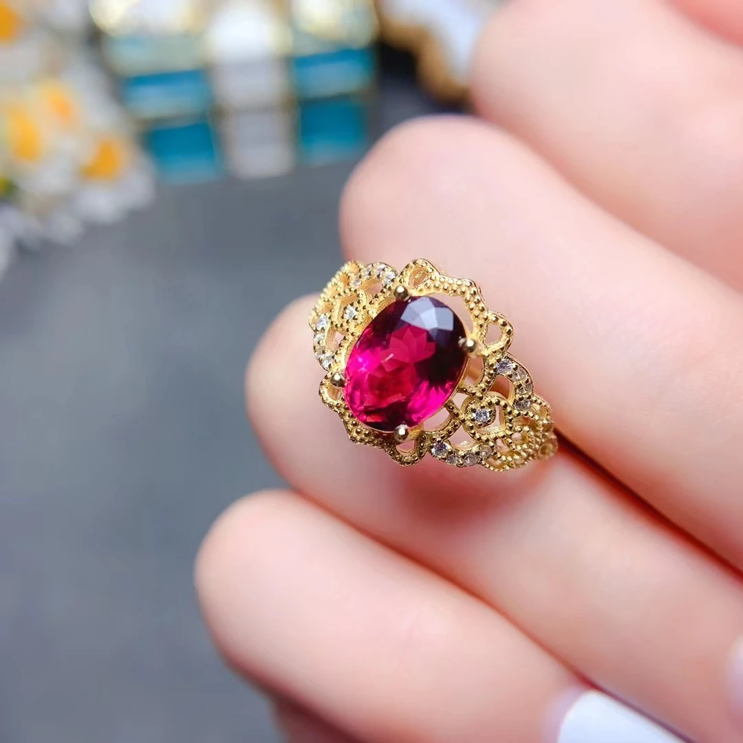 Natural Red Tourmaline 925 Silver Ring 7*9mm 1.5ct Tourmaline Ring with 3 Layers Gold Plated Vintage Gem Jewelry for Daily Wear