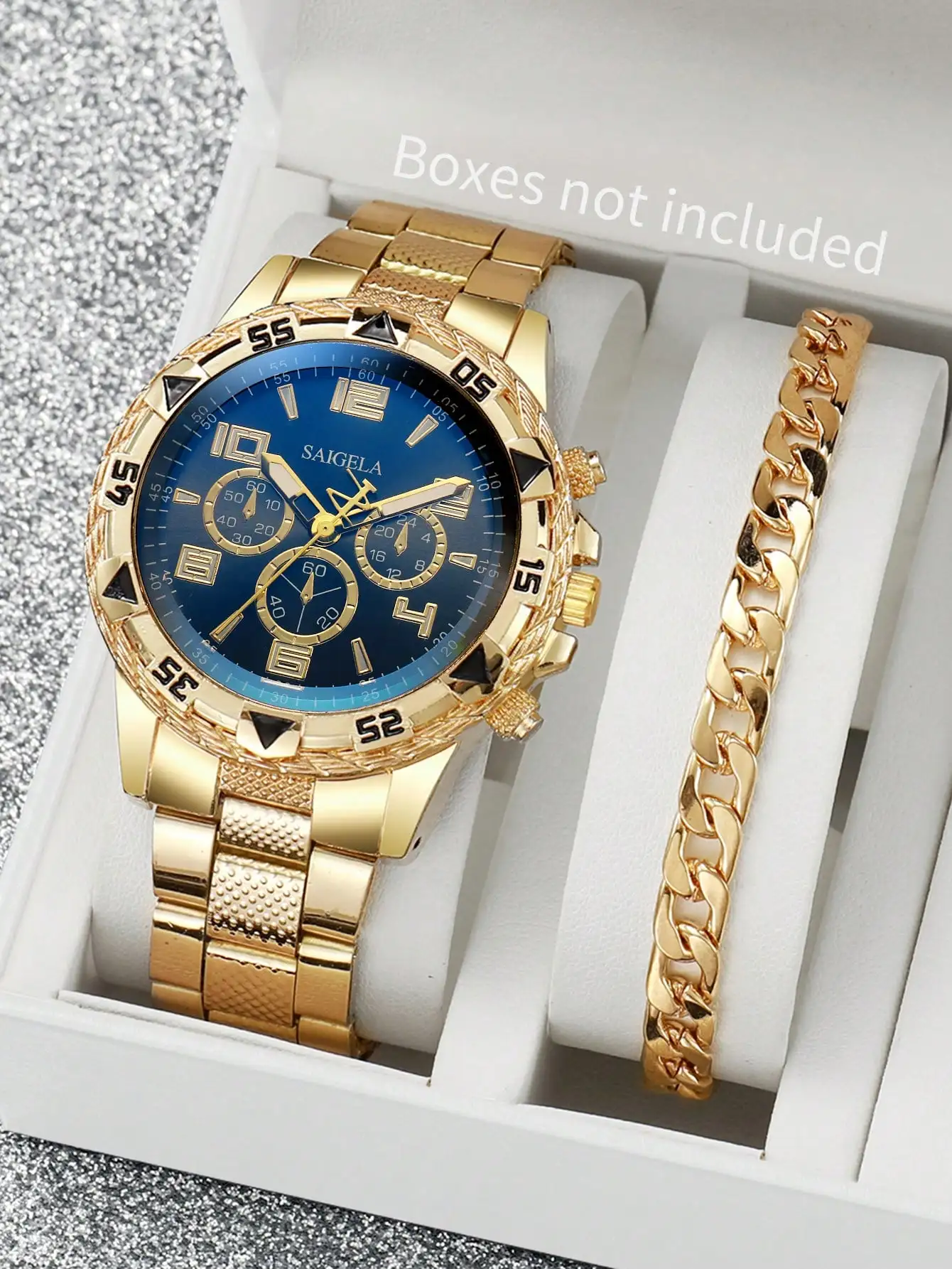 

Набор из 2 предметов: мужские часы-хронограф золотистого цвета и браслет-цепочка