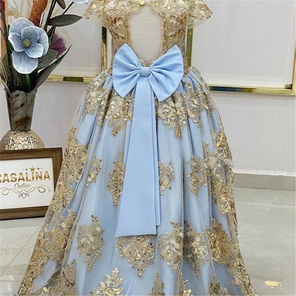 Gorgeous Flower Girl Dress Blush Gold Lace Princes Full Length Puffy Kids Birthday Gift First Communion Gowns Evening Dresses