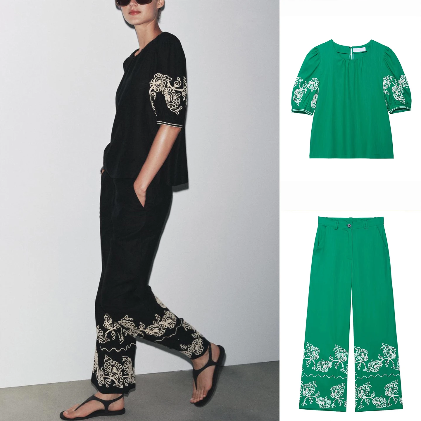 

Широкие брюки из смешанного льна с вышивкой, круглый топ Ne Puffy ort Sve, женская традиционная китайская одежда