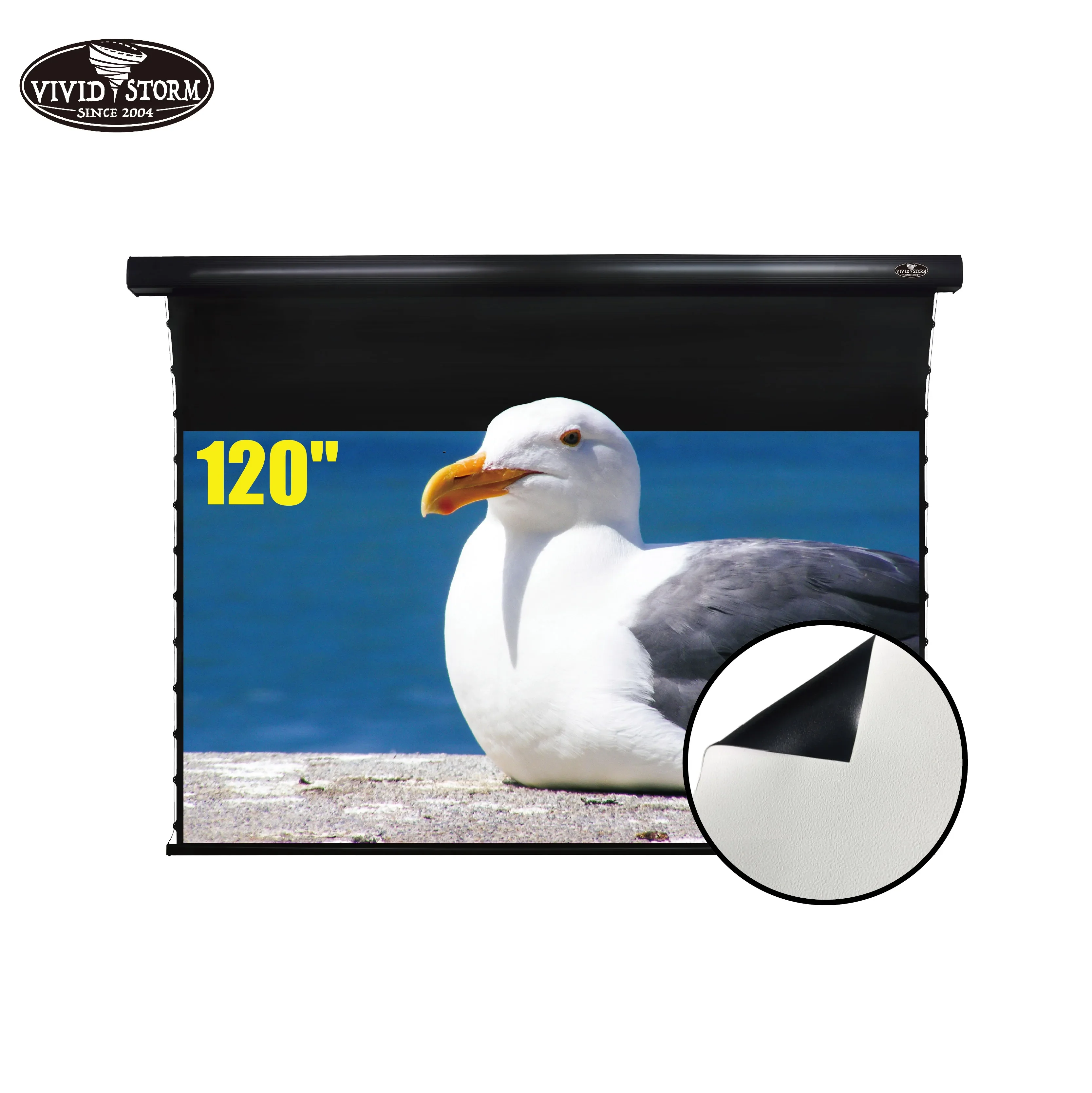 

2025VIVIDSTORM 120 inch Slimline Electric Tab-tensioned pull down white cinema screen material UHD Home/Movie/Theater