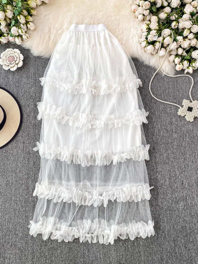 

Ele White 3D Flower Tulle Design f Юбка Женская летняя утягивающая юбка-миди с высокой талией Корейская юбка для поездок на работу
