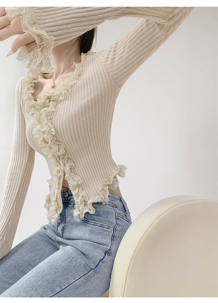 2026 Quadratischer Kragen Spitzenbesatz Langarm-Strickpullover Damen Retro Kurzer Stil Schlanke Oberteile Einreihige Strickjacke – Detail 14