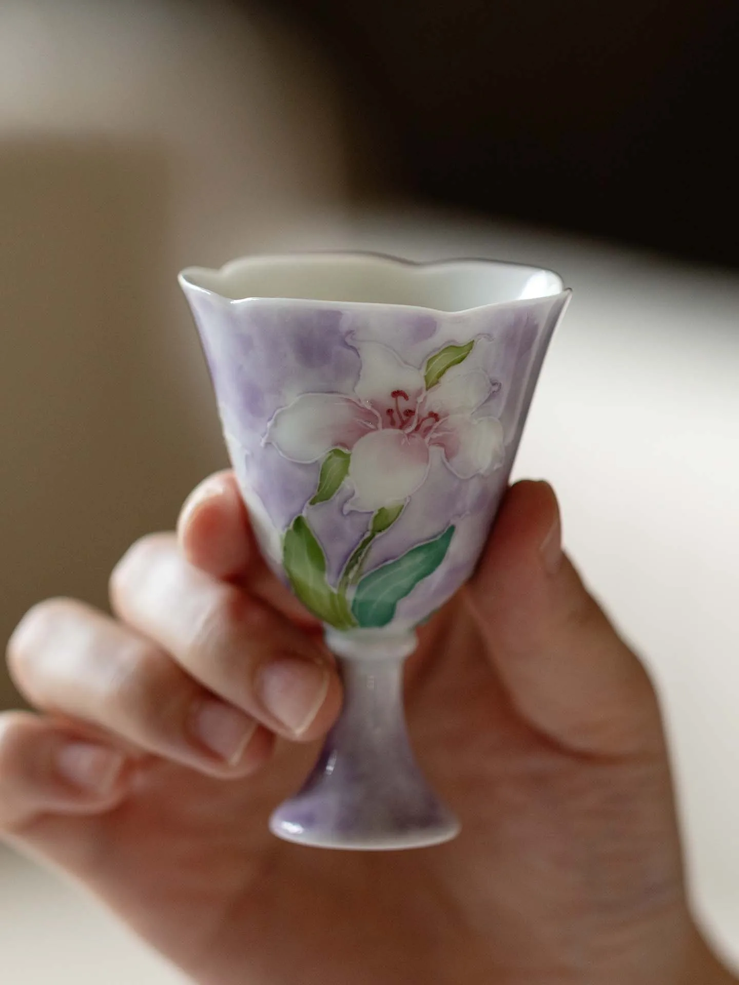 Hand-Painted Ceramic Tea Cup with High Foot Bulbous Lotus Flower Design Creative Pink Color Owner Cup High Aesthetic Value Si...