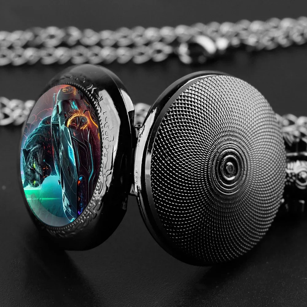 أزياء سيارة النمر نمط تصميم كوارتز ساعة الجيب الأرقام العربية قلادة فوب ووتش سلسلة هدايا للرجال الأولاد #3