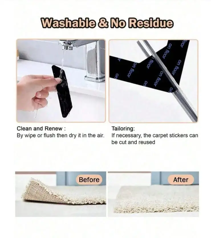 4pcs Anti-Slip Fixation Tape for Carpet Rug PU Washable Residue-Free Reusable Carpet Tape Sticky Washable Fixation Sticker