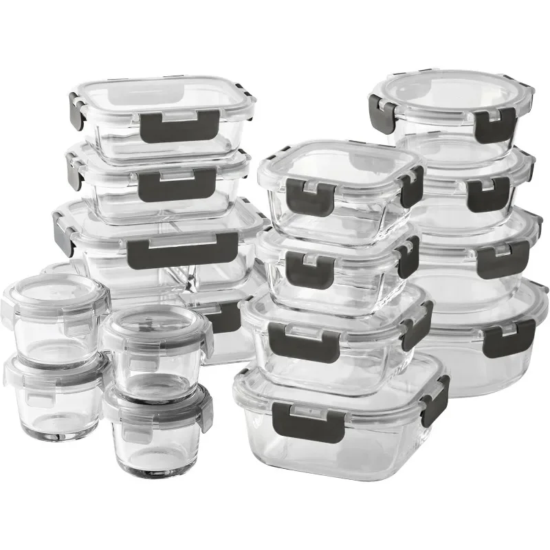 Premium 32-Pc. Borosilicate Glass Food Container Set with Dividers - 4 Rectangles, 8 Rounds, 4 Squares -