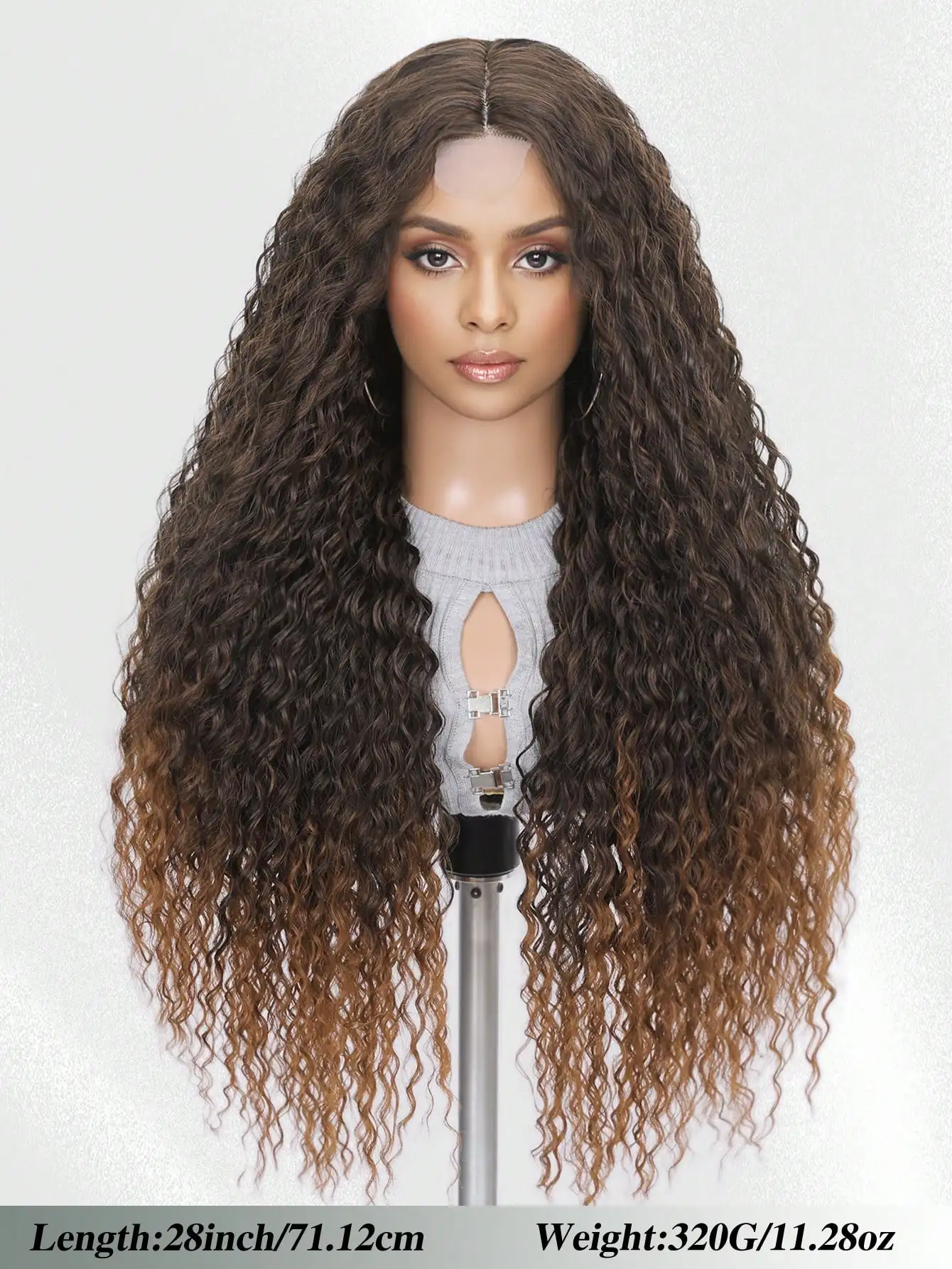28-inch extra long women's wig, small curly wave honey brown and black synthetic hair wig