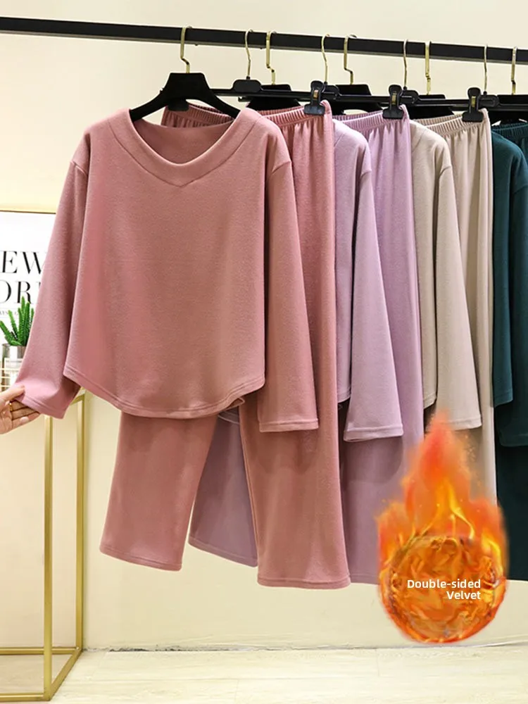 

Thick Double-Sided Fleece Warm Underwear Set for Women V-Neck Long Sleeve Large Size Inner Wear Autumn Clothes Pants