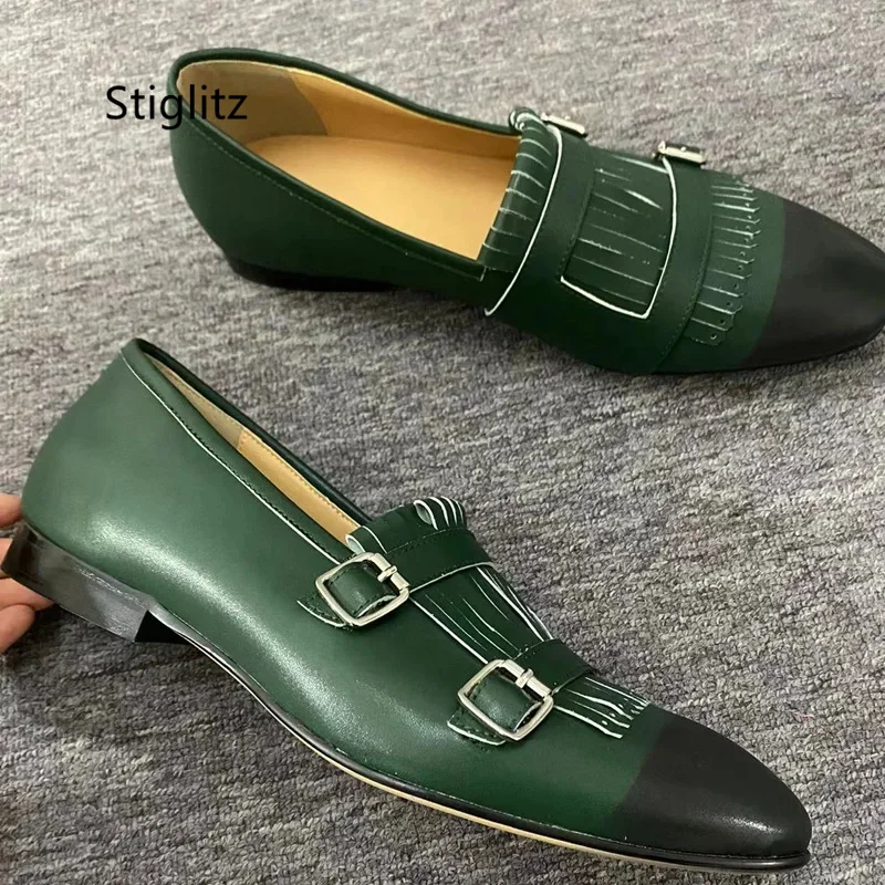 Double Buckle Mixed Colors Genuine Leather Shoes for Men Dress Shoes Fashion British Style Tassel Loafers Flats Party Shoes