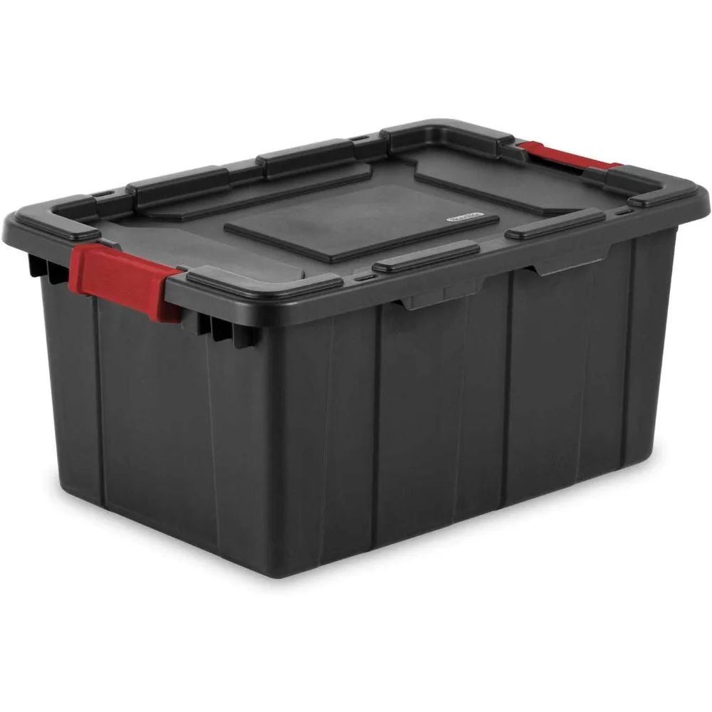 

15 Gal Industrial Tote, Stackable Storage Bin with Latching Lid, Plastic Container with Heavy Duty Latches, Black Base