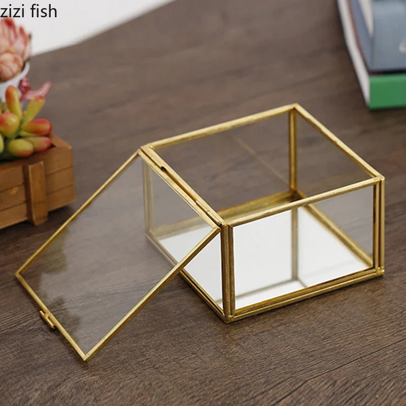 

Vintage Gold Edge Glass Jewelry Box Square Jewelry Storage Box Desktop Jewelrys Organizer Decorative Display Stand Jewelry Tray