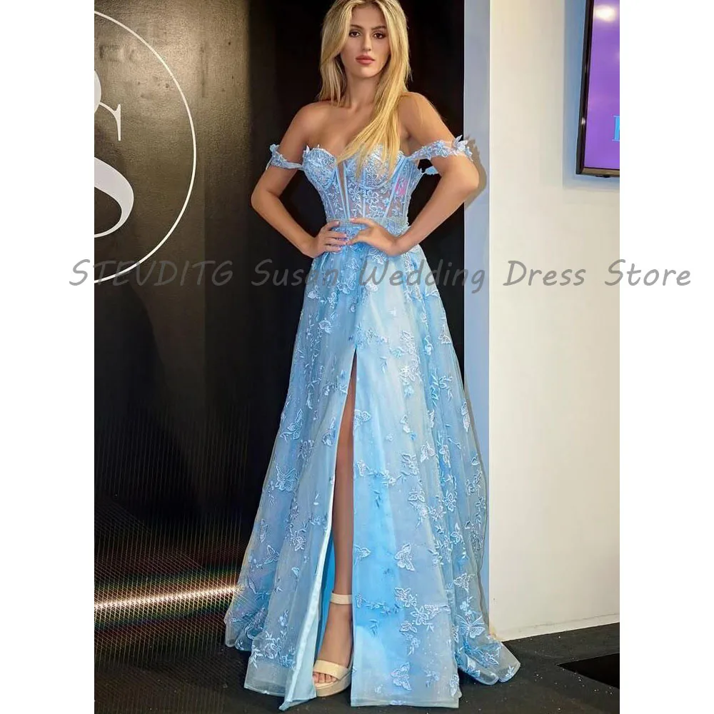 

Blue Evening Dress Women Floor Length High Quality A Line Off The Shoulder Sweep Train Banquet Celebrity Prom Party Gown Simple