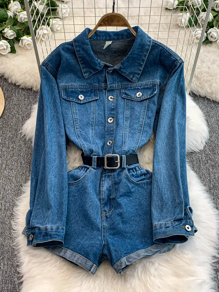 

Korean Vintage Denim Jumpsuits Long Sleeve Pockets Belt Solid Color Rompers 2025 Autumn Design Playsuits Slim Women's Clothing