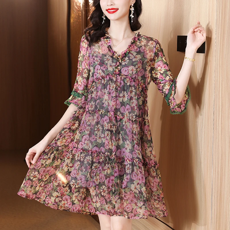 

Women's Vintage Elegant Evening Prom Spring Holiday Boho Hepburn Vestidos 2024 Summer Luxury Silk Floral Casual Beach Midi Dress