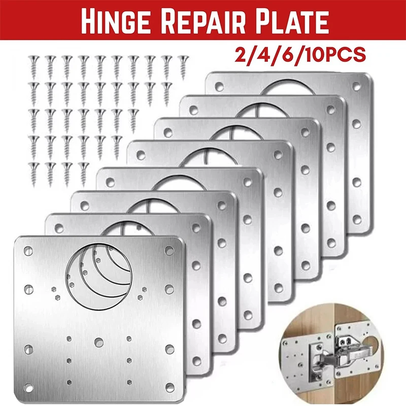 2/4/6/10Sets Cabinet Hinge Repair Plate Stainless Steel Cabinet Door Hinges Mounting Plate Kit with Screw for Home Furniture