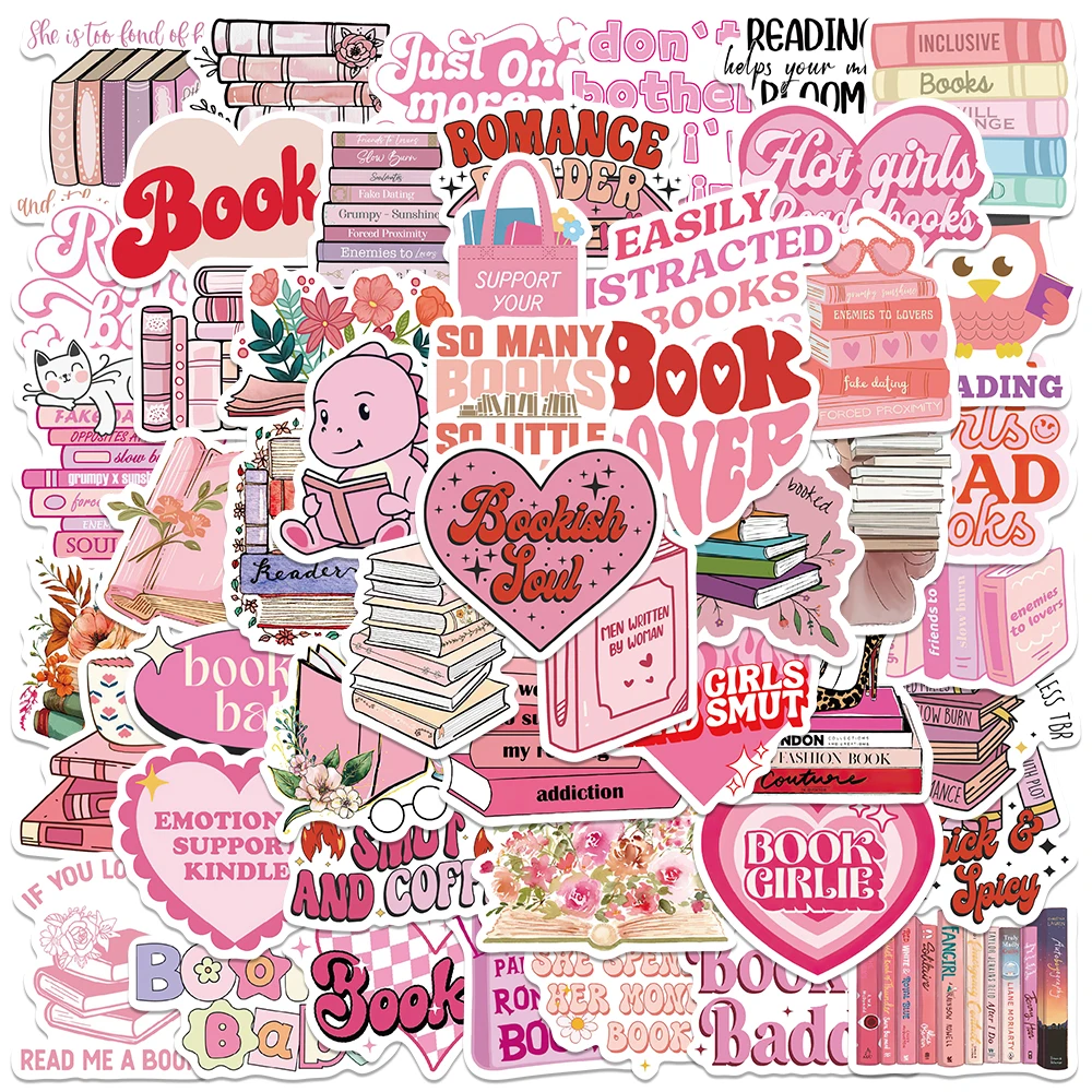 50pcs Pink Bookish Stickers Aesthetic Graffiti Decals For Laptop Luggage Skateboard Scrapbook Vinyl Waterproof Stickers