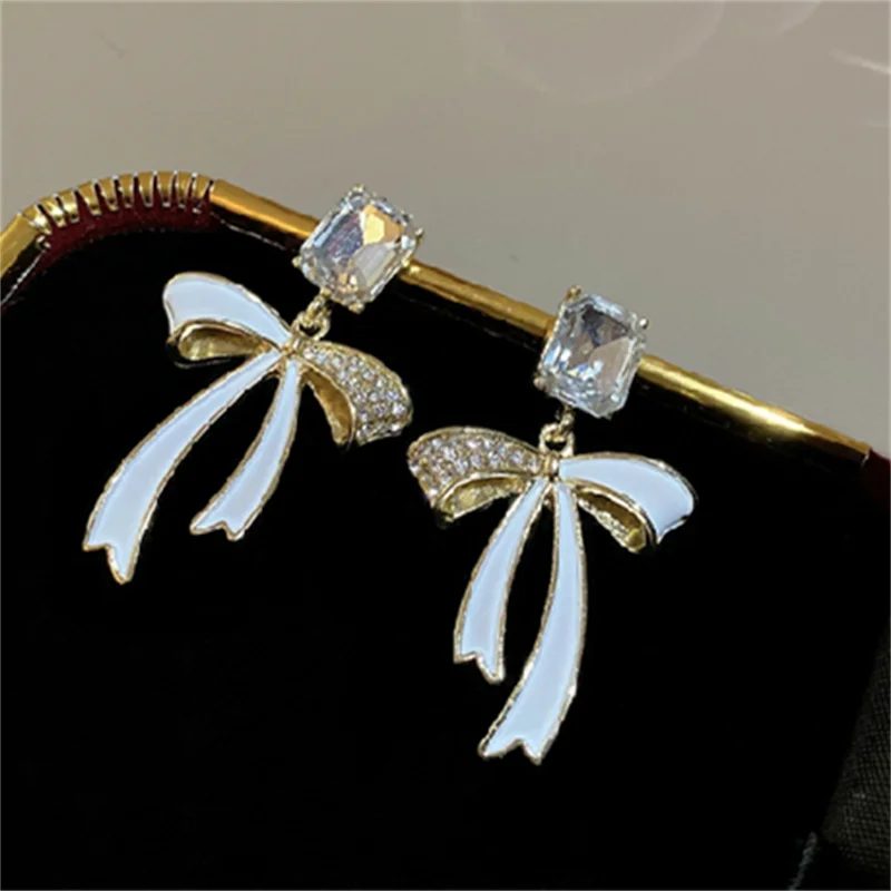 Korean Crystal Bow Earring Fashion Ribbon Bow Pendant Earrings for Women Girls Wedding Jewelry Pendientes Mujer Wholesale