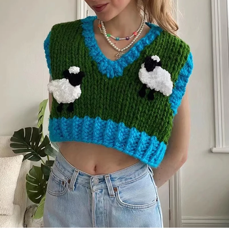 Handmade Sheep Crop Sweater Vest V-neck Stick Knit Outerwear Top Small Animal Applique Short Jumper Autumn/Winter Woman Clothing