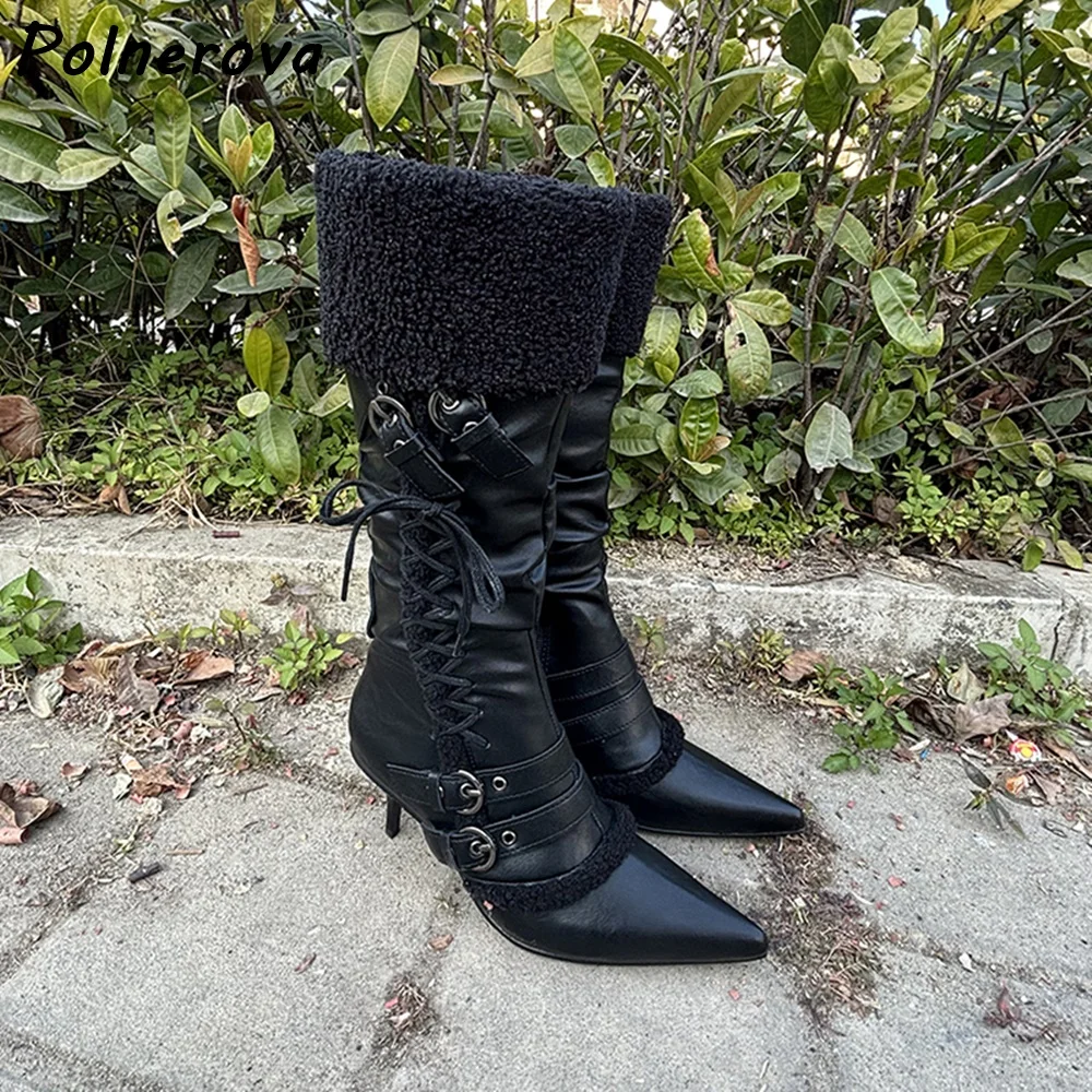 Pleated Furry Turn Over Edges Boots Pointy Toe Buckle Belt Cross Tied Black Knee High Boots Women's Winter Sexy Dark Style Shoes