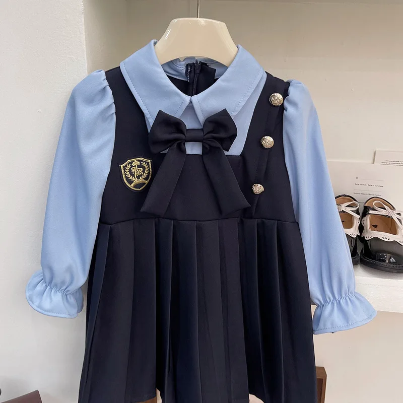 2024Spring New College Style Girls Dress StitchingjkUniform Baby Girl Fake Two-Piece Skirts Tide