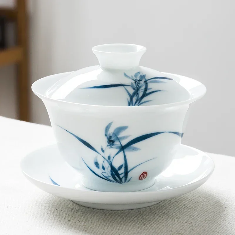 

Hand-painted Sancai Gaiwan teacup, large white porcelain, single blue and white porcelain toasting and brewing