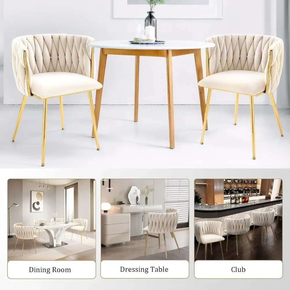 Velvet Dining Chairs Set of 4, Accent Chair with Gold Metal Legs, Woven Upholstered Dining Chair for Living Room/Bedroom/Kitchen