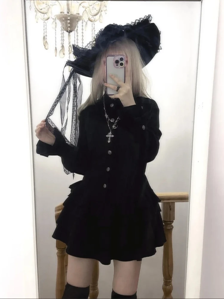 القوطية نمط خمر أنيقة الدانتيل يصل فستان المرأة تصميم شارع العليا الأسود لوليتا فستان نحيل الإناث Y2k كوريا نمط شيك وتتسابق #1