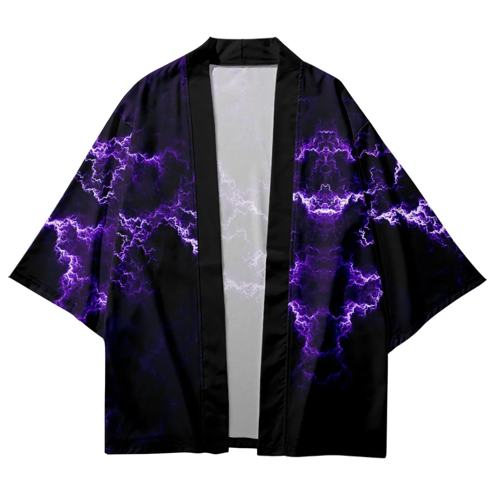 Fashion Lightning Print Shirt Clothing Traditional Haori Cosplay Kimono Women Men Japanese Asian Streetwear Cardigan Yukata